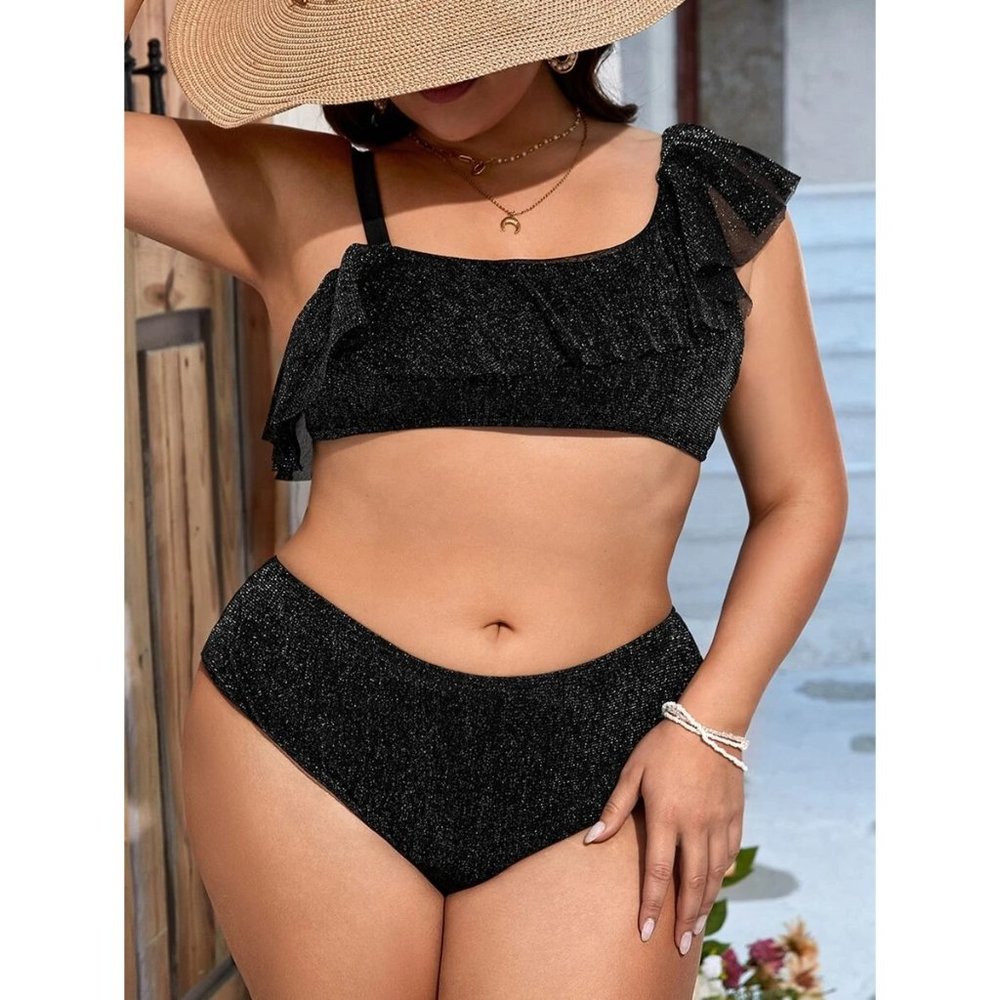 NEW Ruffle Trim Asymmetrical Neck Bikini Swimsuit 1XL